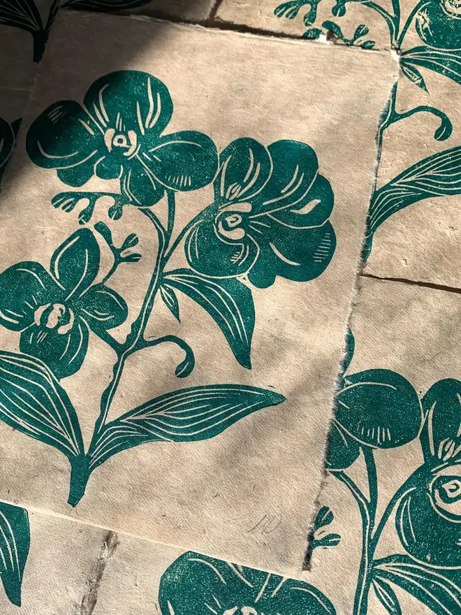 Lino Print Green Orchid On Handmade Paper