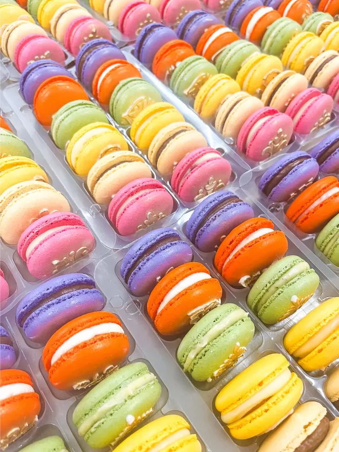a bunch of colourful Diwali themed macarons with gold henna designs lined up in a row