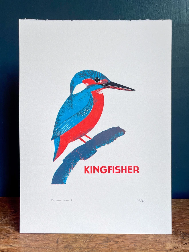 Illustrated Kingfisher print against a blue background