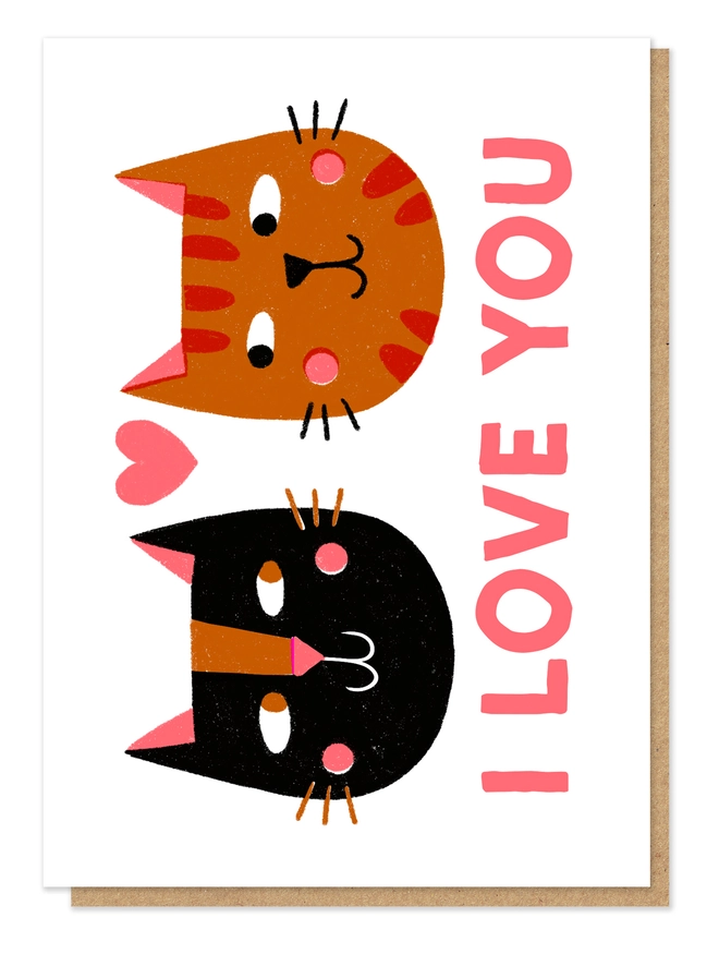 Letterpress card with two cats looking at each other and a heart above their heads. I Love You written in pink beneath them.