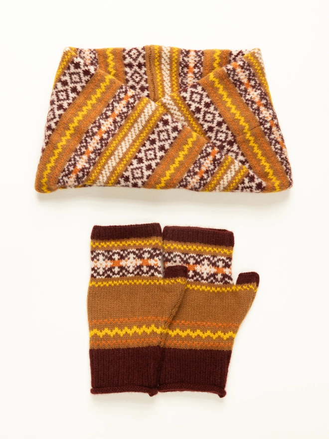 Brown, Maroon and Yellow Mittens and Neck warmer