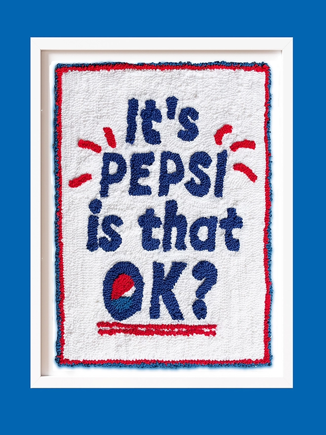 Blue tufted wool writing it's pepsi is that ok on a white wool background with red acents