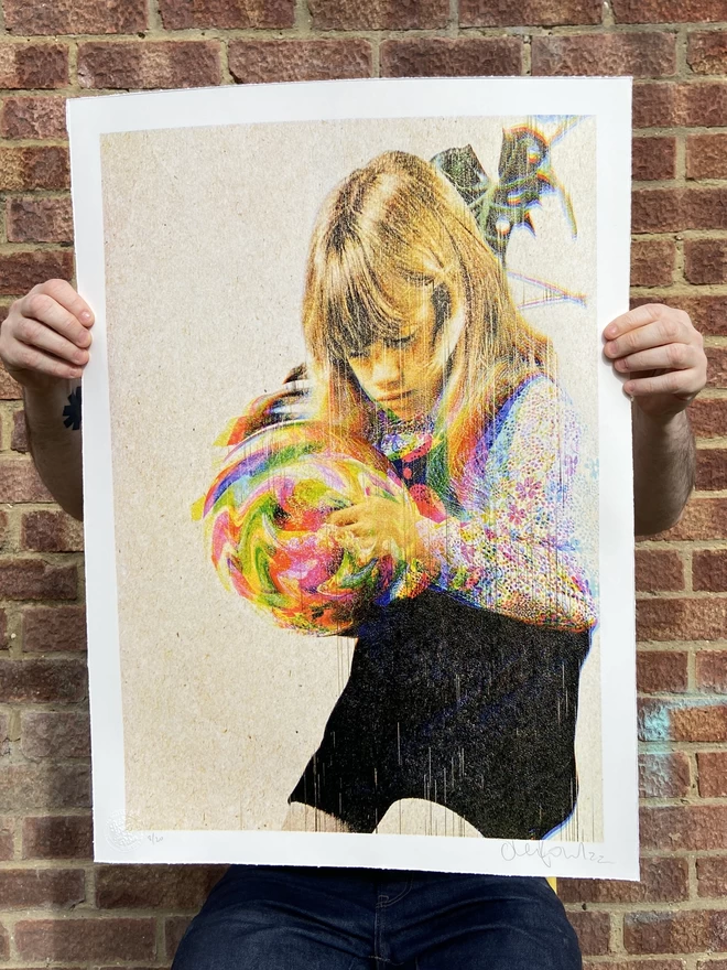Collage artwork "The Magic Ball" Hand Pulled Screenprint depicting a young girl staring into a bright ball looking into her own future 