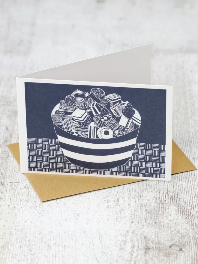 Greeting Card with an image of Liquorice Allsorts, taken from an original lino print