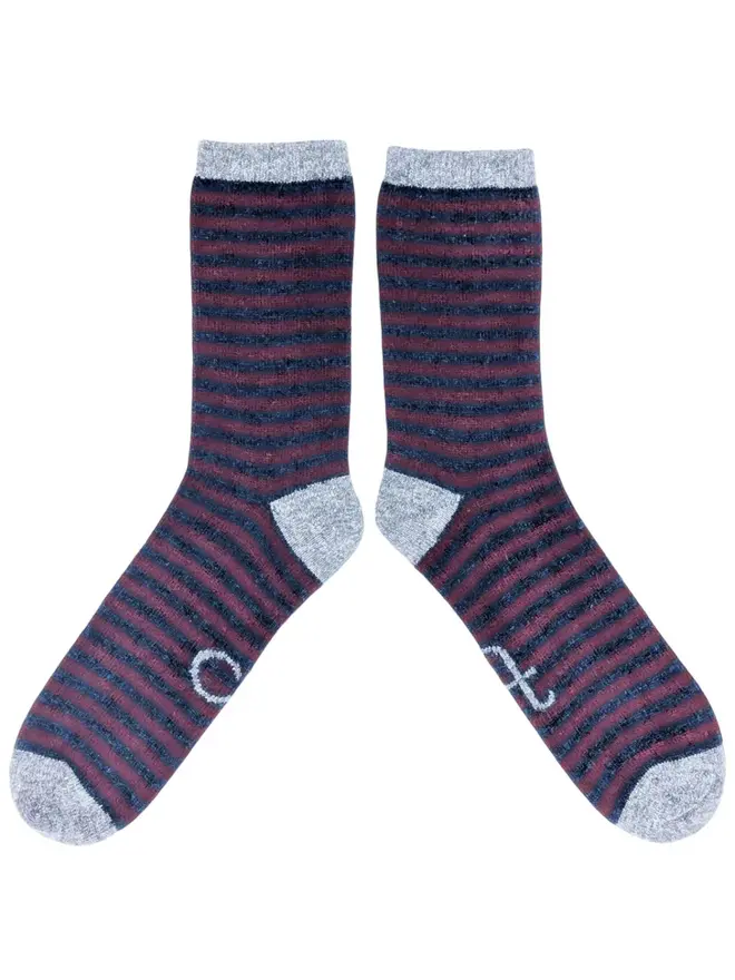 Men's Organic Cotten Striped Ankle Socks, a pair of colourful patterned socks sitting on a plain white surface. 