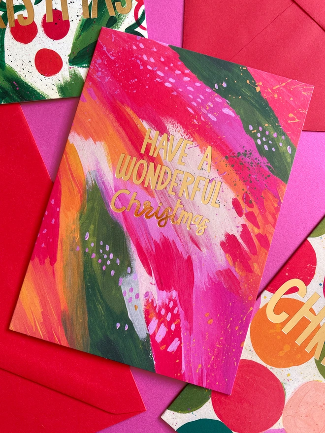 Colourful & Painterly Abstract Design Christmas Card ‘Have a wonderful Christmas' | Raspberry Blossom