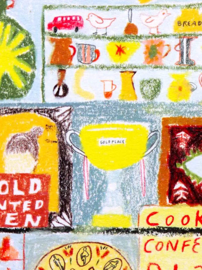 illustrated antique shop print. detailed illustration close up of 'roberts rummage' antique shop in bright colours.