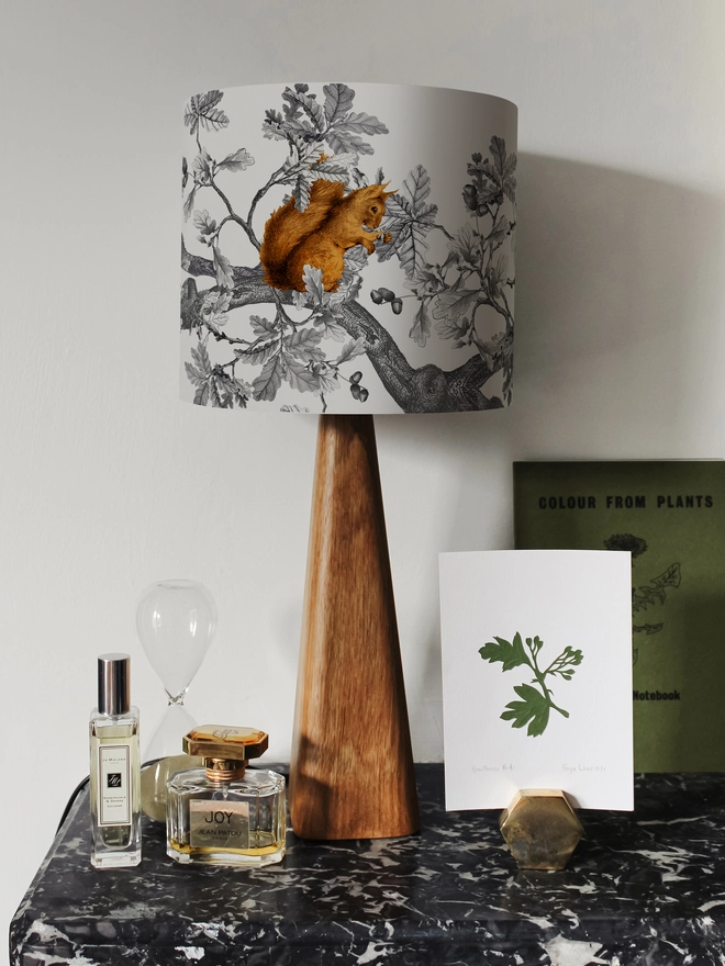 A decorative lampshade featuring red squirrels among oak leaves and acorns, inspired by the British countryside and woodland wildlife.