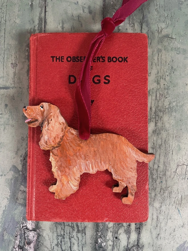 Ginger Cocker Spaniel Handpainted Dog Portrait Decoration hung with red velvet ribbon 