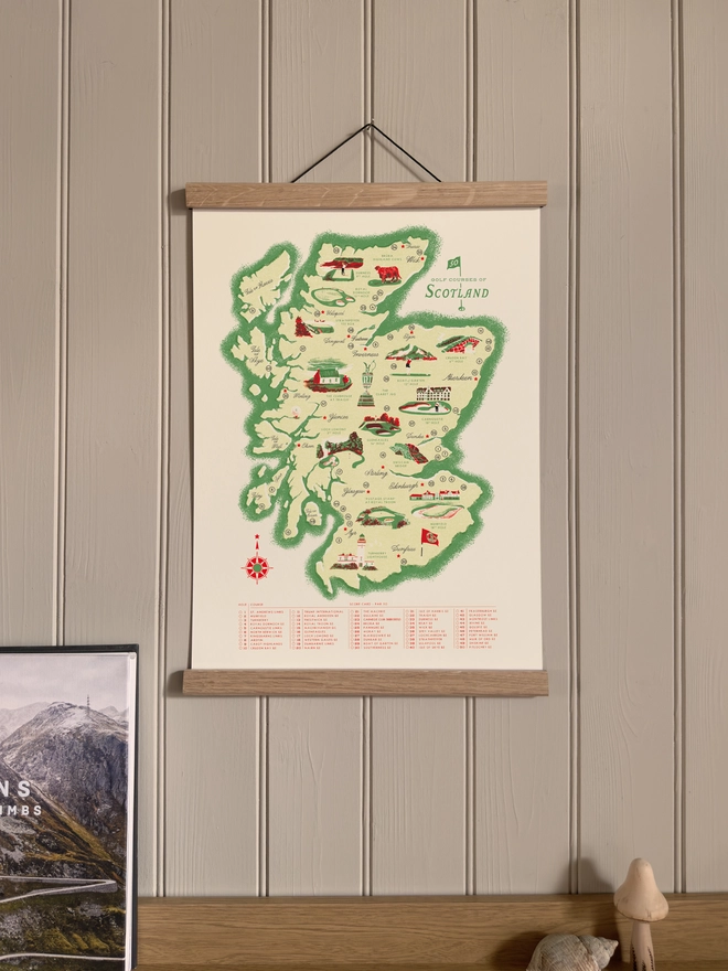 Golf Scotland map print, framed, on a wall