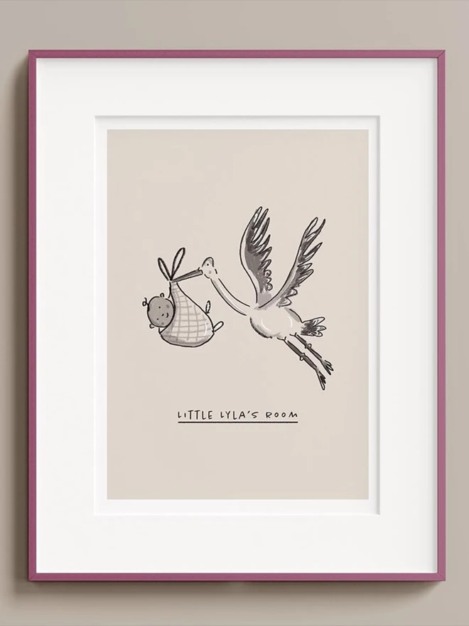 custom new baby illustration. a beige background with an illustrated stork carrying a baby.