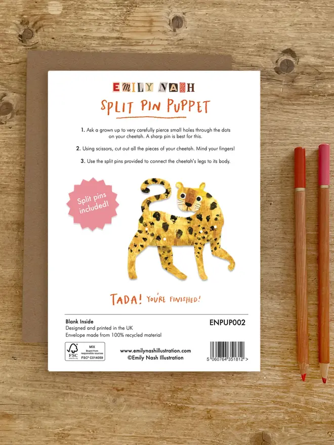 cheetah split pin puppet card