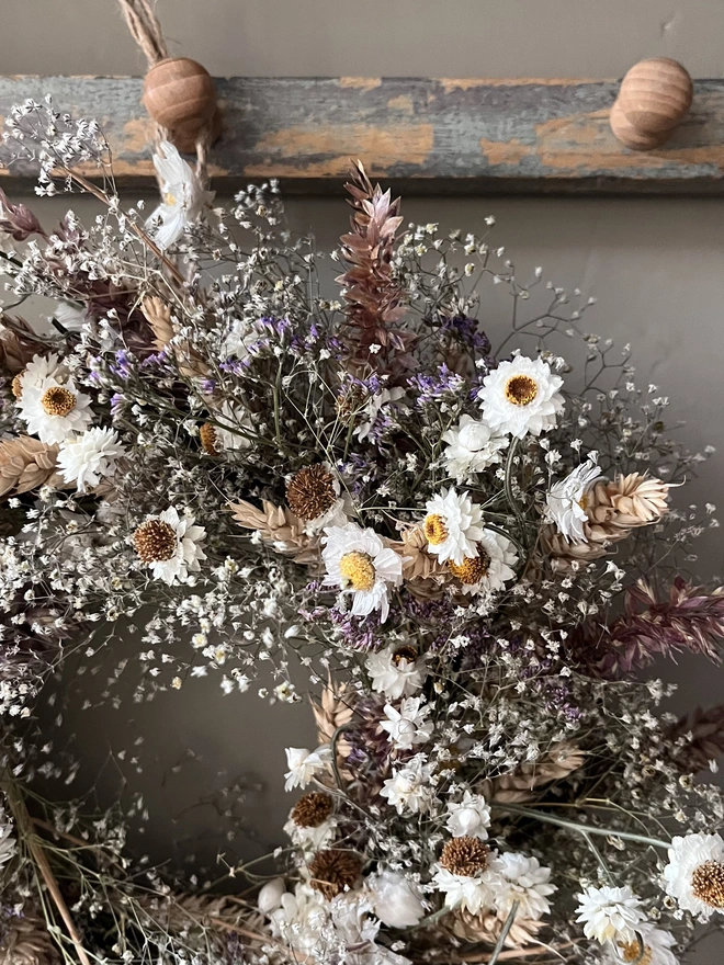 Winter White Daisy wreath made with dried seasonal flowers