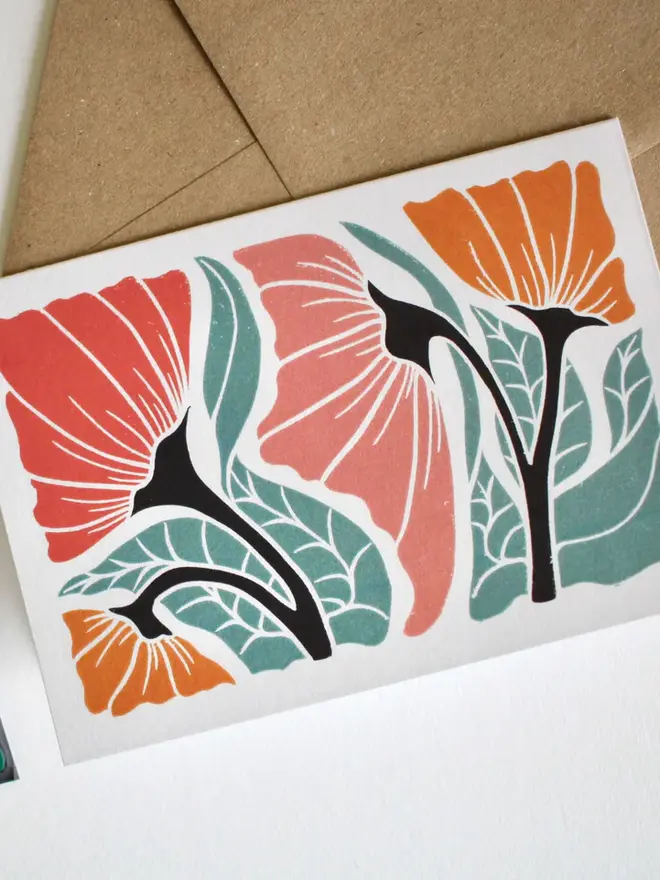 happy floral linocut card