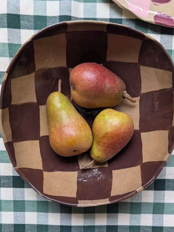 Large Chocolate Brown Check Serving Bowl