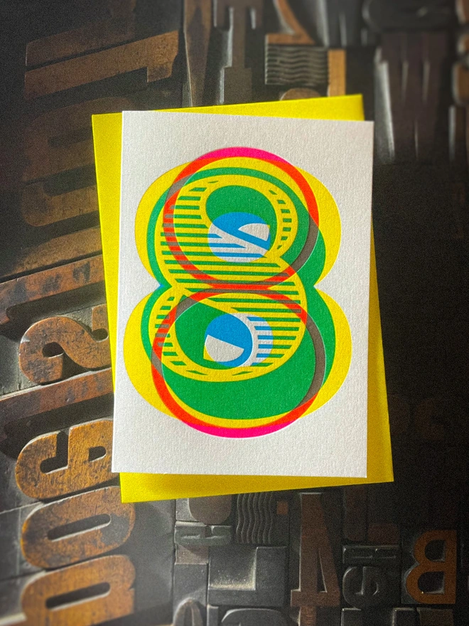 Handmade letterpress 8th birthday card featuring bold overlapping numerals printed in vibrant fluorescent cyan, magenta and yellow inks. Each card is individually hand printed using traditional letterpress techniques on luxury paper stock, creating a beautifully tactile finish with a deep impression and rich layered colours inspired by the CMYK printing process. Printed on a traditional letterpress from 1915. A wonderful artisan printed birthday card.