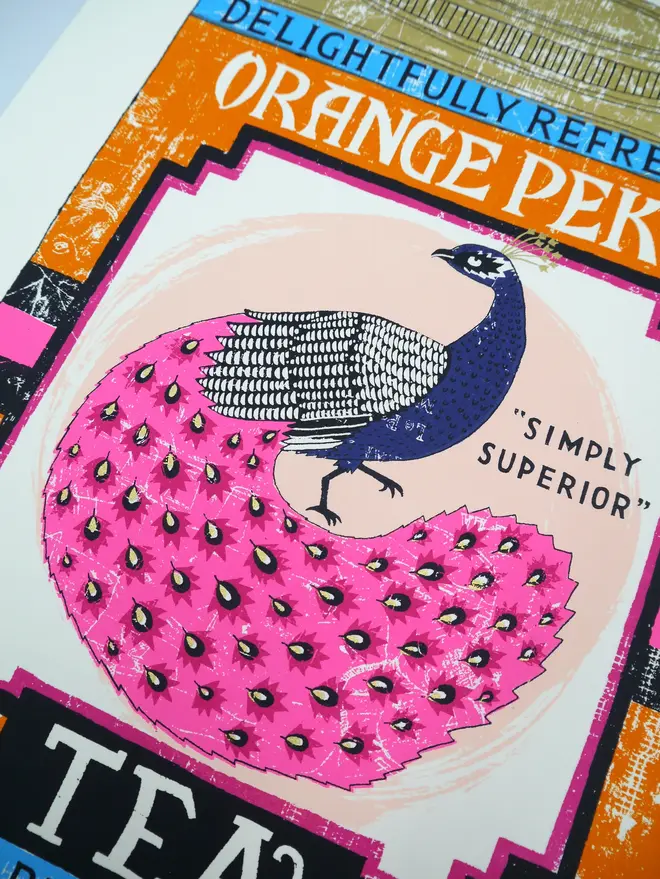 Orange Pekoe Peacock Tea Tin Screenprint Tip Top Tea, a colourful tea tin design on a white screenprint. 