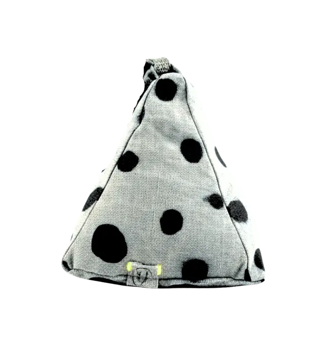 Hand Painted Linen Sustainable Doorstop In Polka Dot Print, a monochrome black doorstop against a white background. 