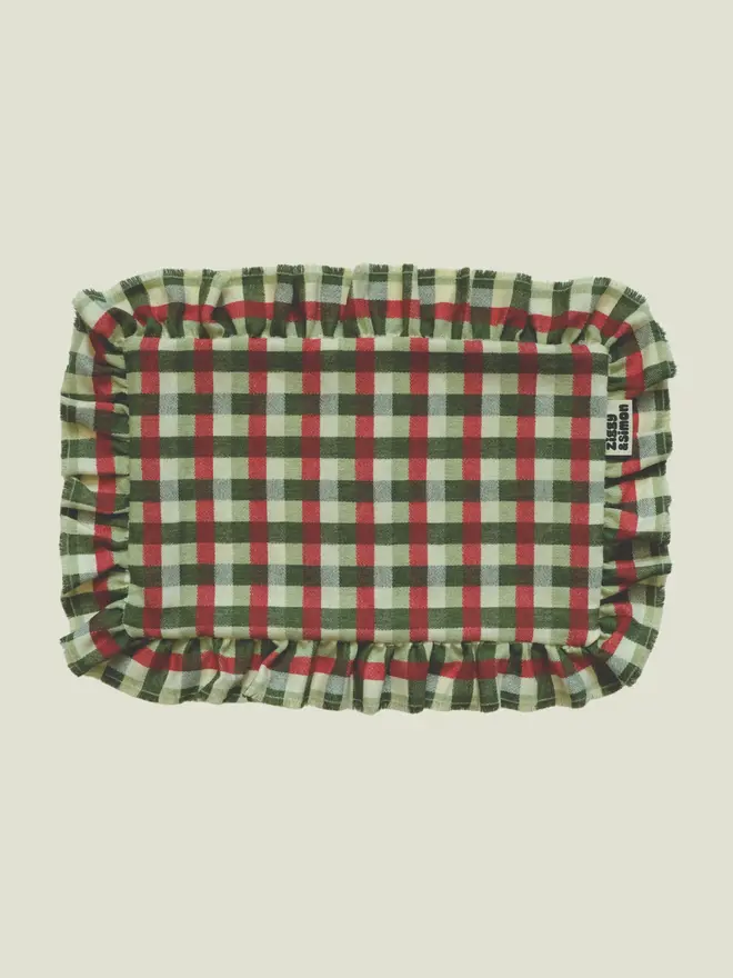 Sour Apple Ruffle Cushion. A cushion in rectangular.