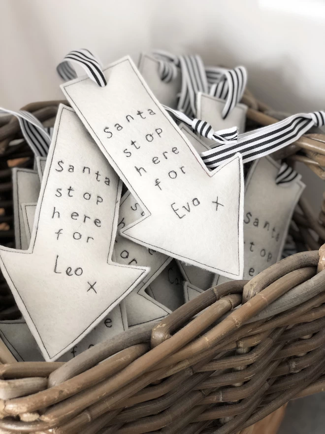 Santa Stop Here Personalised Christmas Decorations in a basket