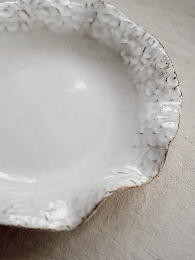 Dapple Stoneware Pasta Bowl, placed on a table cloth. 