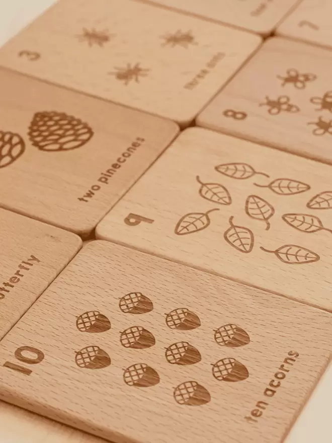 Wooden Nature Flashcards with Ten Acorns
