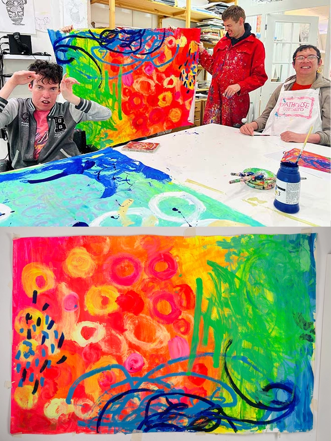 3 artist holding orginal I am disco orginal abstract artwork in red, blue, yellow & green