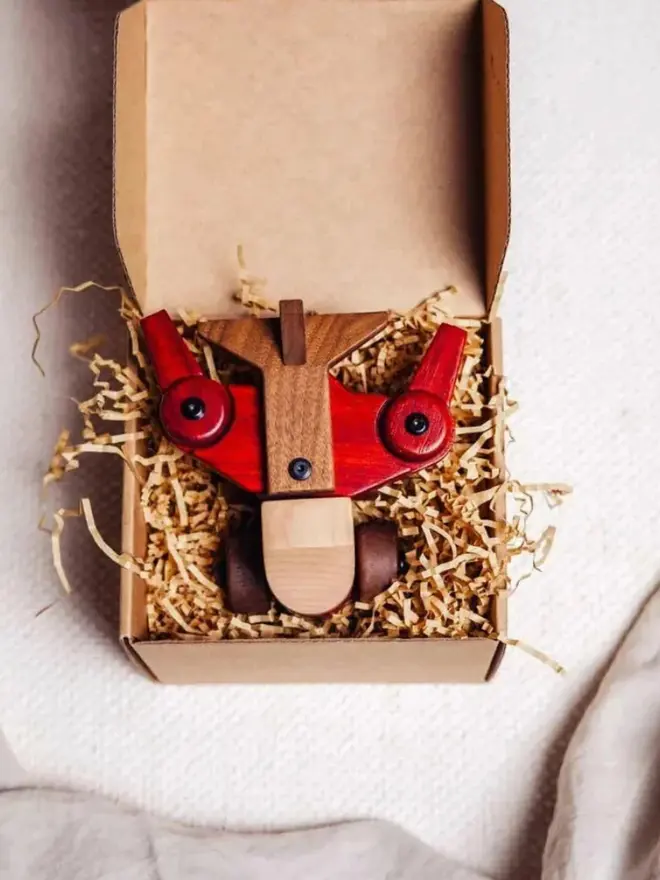 Walnut & Padauk Aeroplane Wood Heirloom Toy, in packaging. 