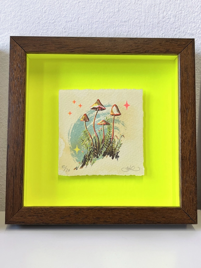 Framed Mosscaps Miniature screenprint artwork by London based artist Kath Leone