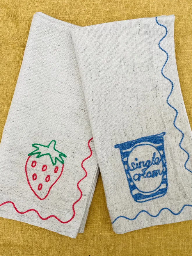 Set of 2 Strawberries n Cream Embroidered Napkins