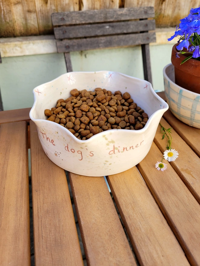 ivory ceramic dog bowl with 'the dog's dinner' written on the side with brown green and blue splatters and pawprints on a table with dog biscuits in