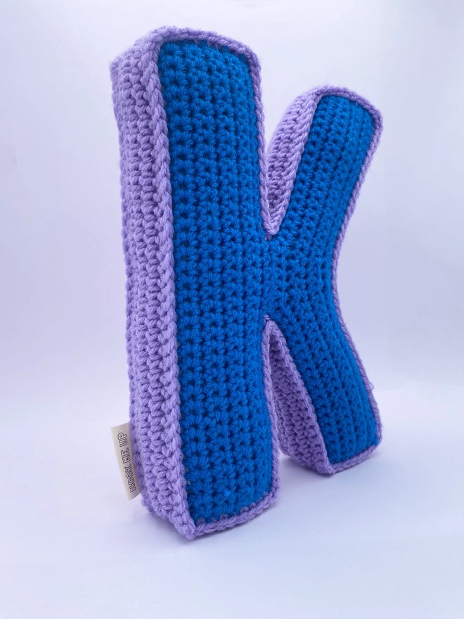 Crocheted Letter K in Blue and Lilac