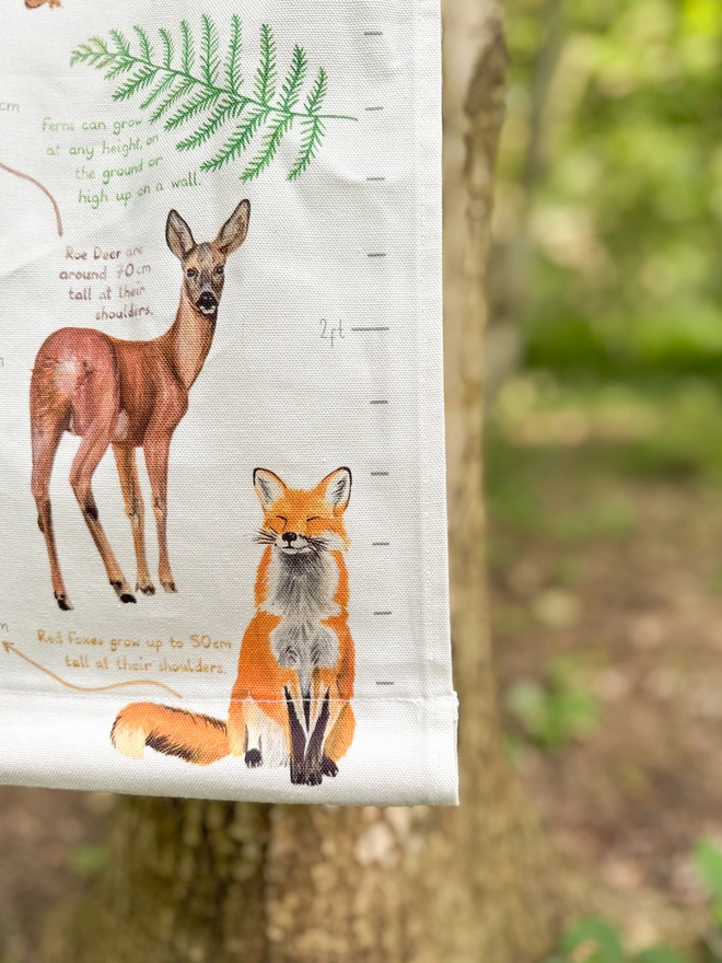 close up of the fox and deer illustrations on the woodland height chard