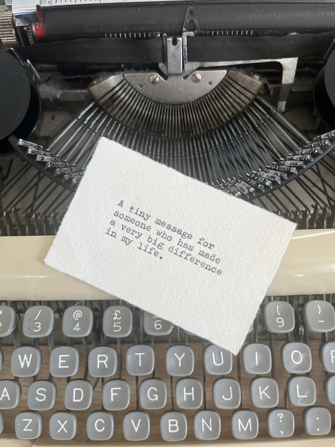 typewritten hand made gift note typed on cotton rag paper