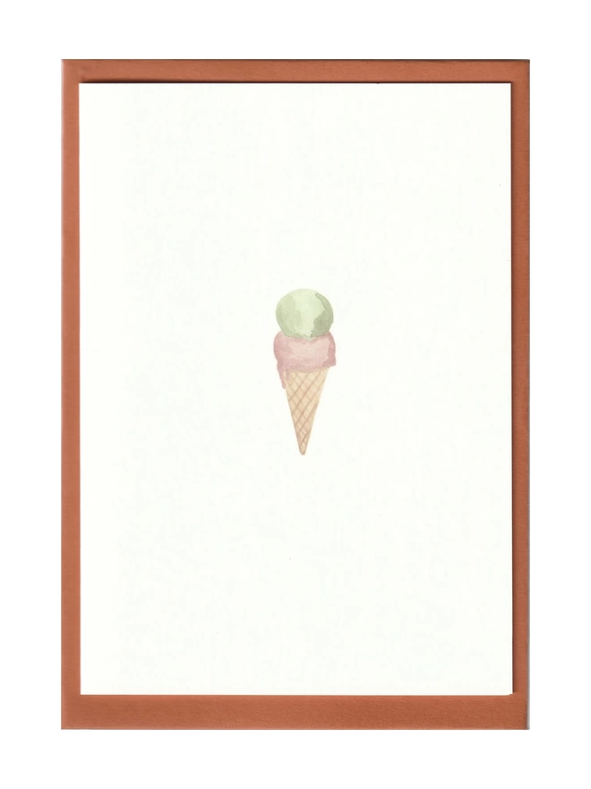 Greetings card with a watercolour illustration of an ice cream with a burnt orange russet envelope
