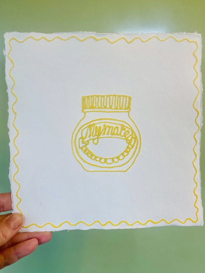 yellow embroidered mymate marmite art