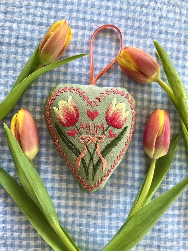 tulip silk embroidered heart ornaments pink peach green yellow orange thread, green silk, velvet ribbon stuffed ornament decoration