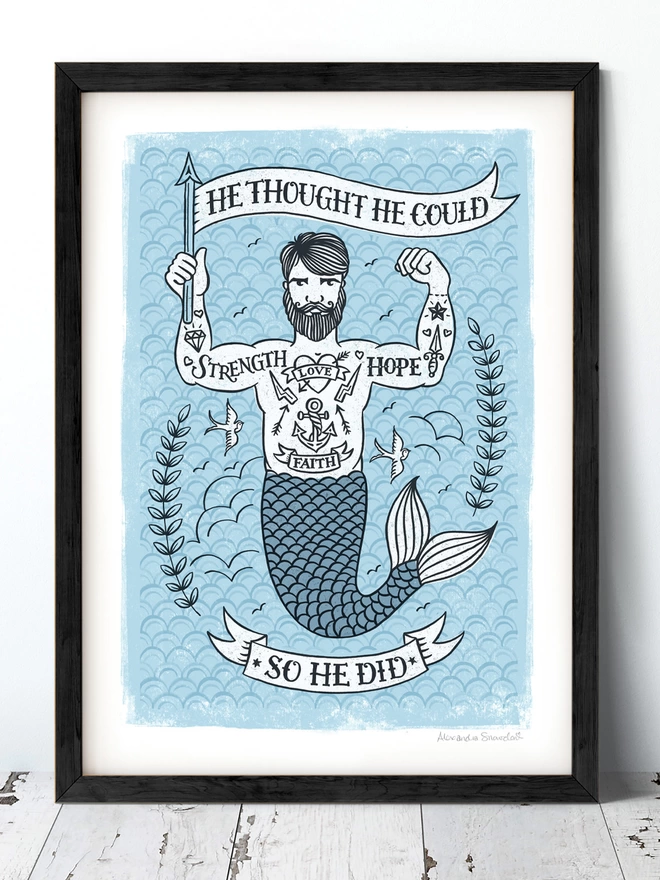 blue tattoo merman celebration print in black frame