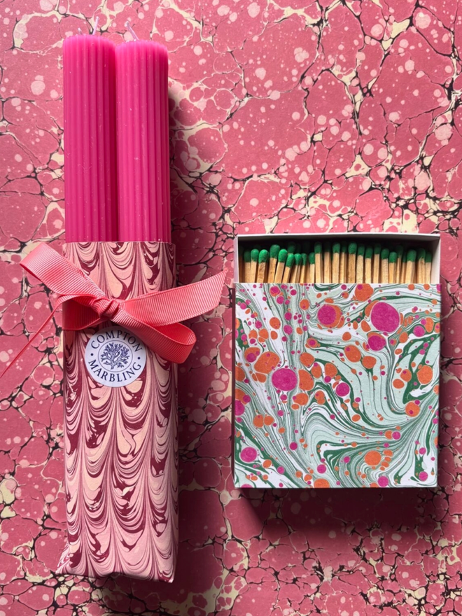 Scalloped Candles & Square Matchbox. Candles and matchbox in Fuchsia.
