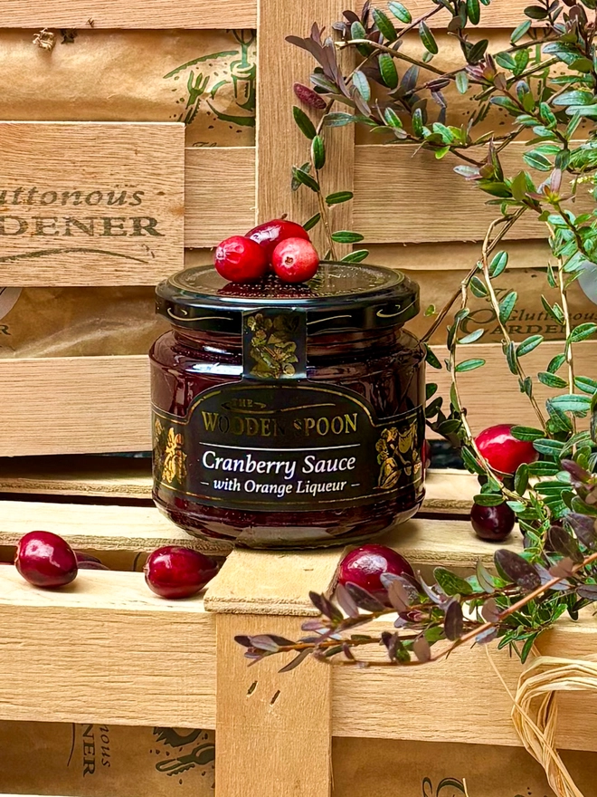 A jar of delicious Christmas cranberry sauce of that comes in the Greedy Gardener Christmas Cranberry Crate