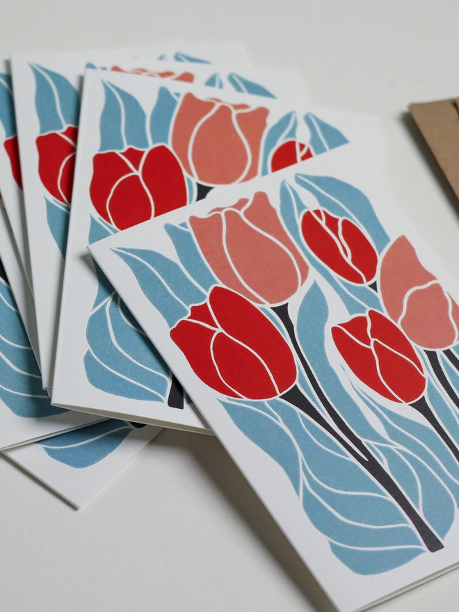 red and pink tulip flower notecards