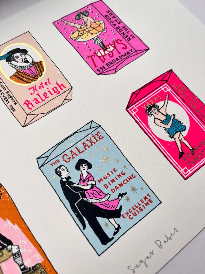 Sugar Cubes Screen Print The Sugar Babes, a white screenprint with colourful designs in the centre. 