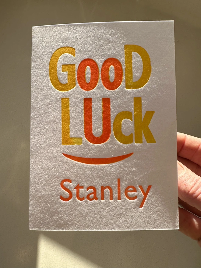 personalised letterpress printed good luck card