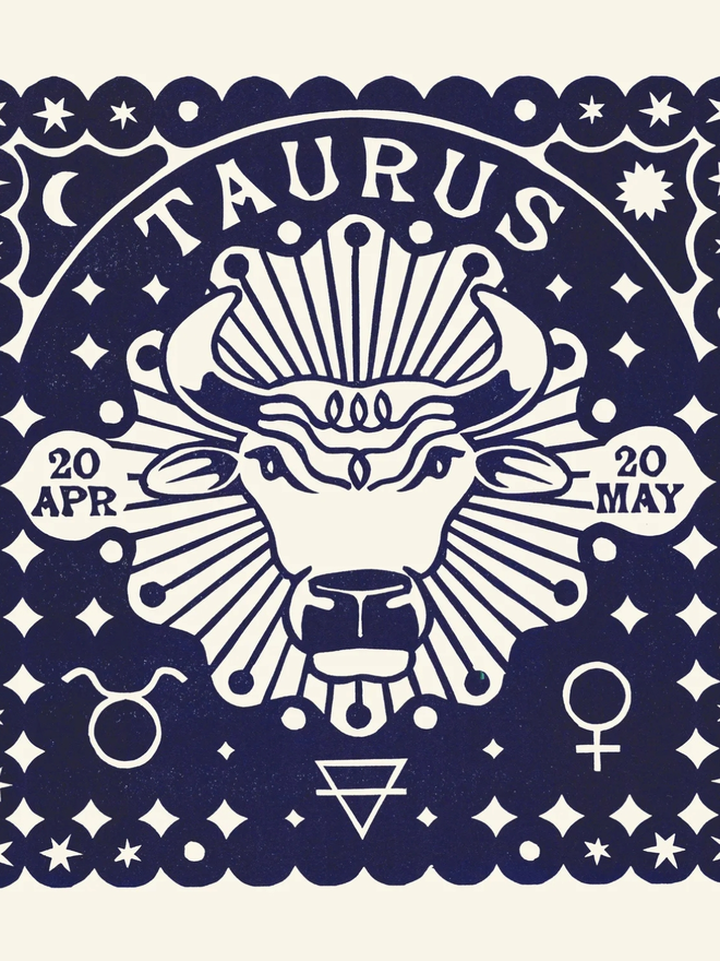 taurus zodiac linocut. a bull and zodiac symbols linocut and printed on a blue background.