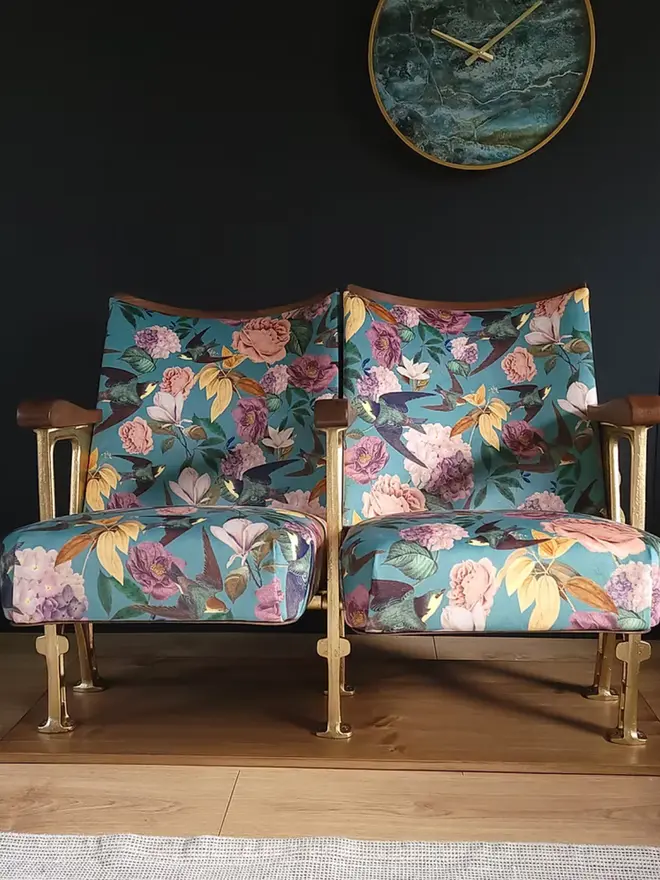 Set of two vintage cinema seats in Swallows and Blooms velvet