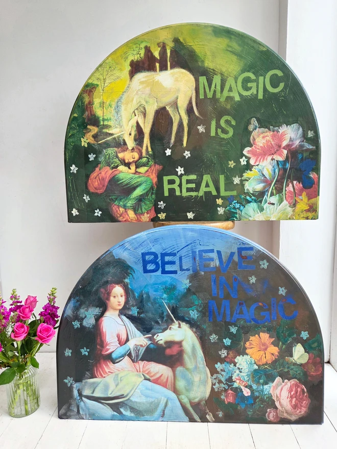 Unicorn art panels made from an upcycled table-top.magical unicorn art panel made from a reclaimed table-top