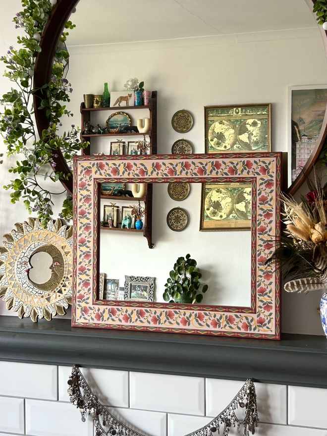 Hand Painted Wooden Mirror With Pink Flowers 