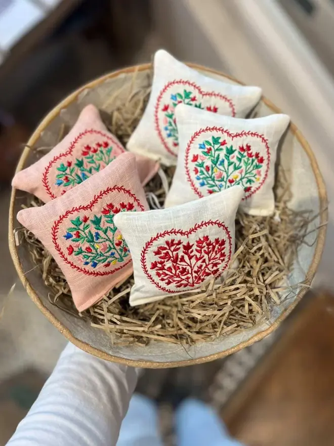 Botanical Embroidered Lavender Filled Sachet. A selection of the sachets available in wooden bowl