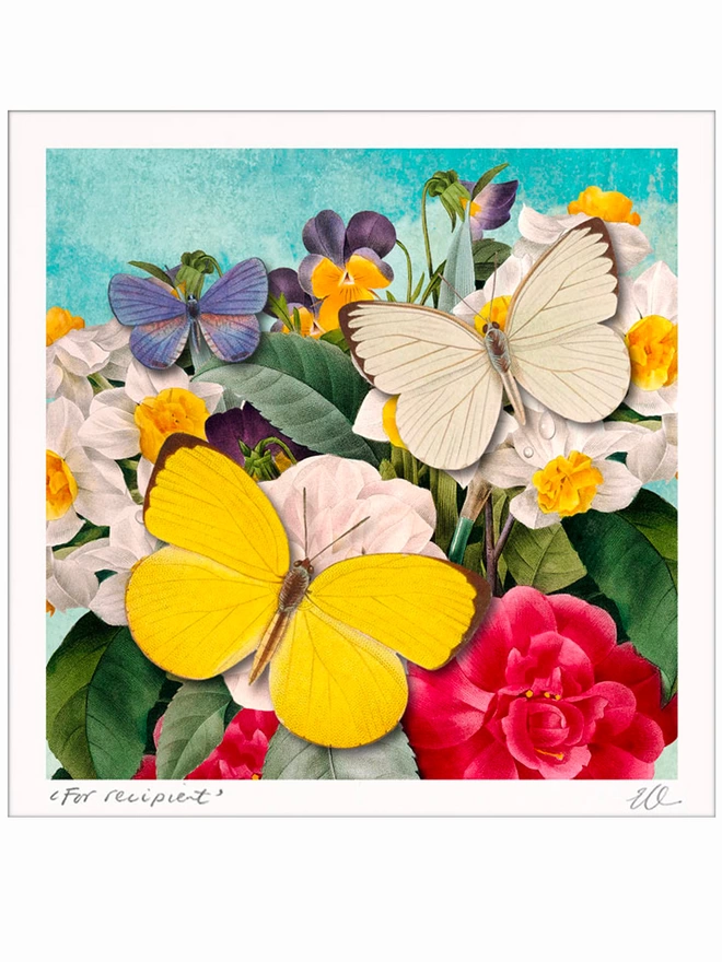 Artwork of various spring flowers, including narcissi, pansies, camelia with a yellow butterfly, white butterfly and small blue butterfly.