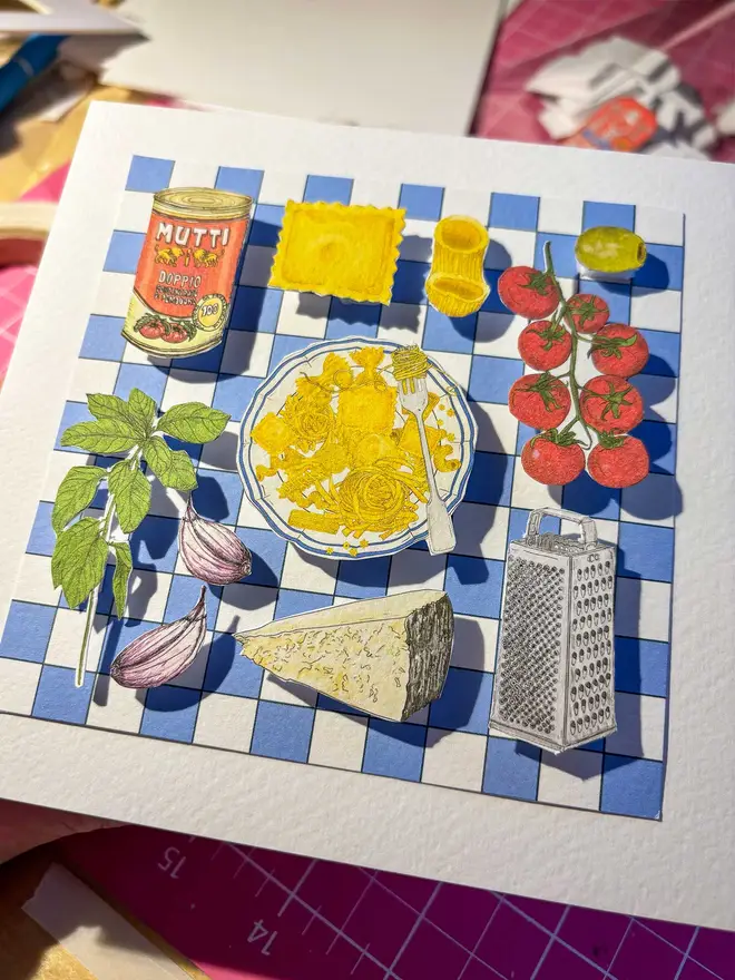 Colourful framed collage featuring Mediterranean food, with vibrant pasta dishes, tomatoes, and olive, cheese and basil set against a blue and white checkered backdrop. Perfect for adding a touch of Italian culinary charm 